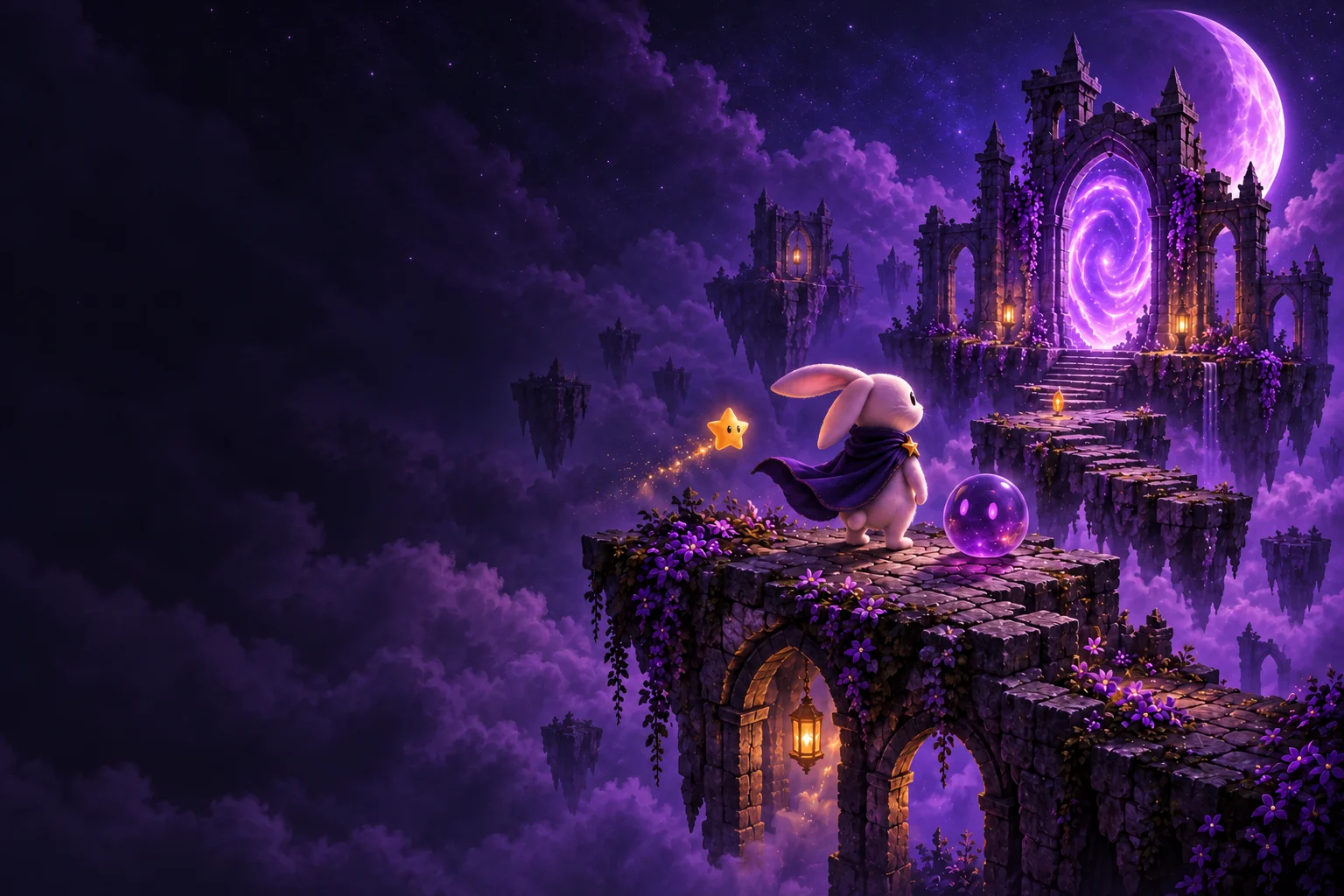 Lumi and companions on floating obsidian islands beside an enchanted violet arcade portal